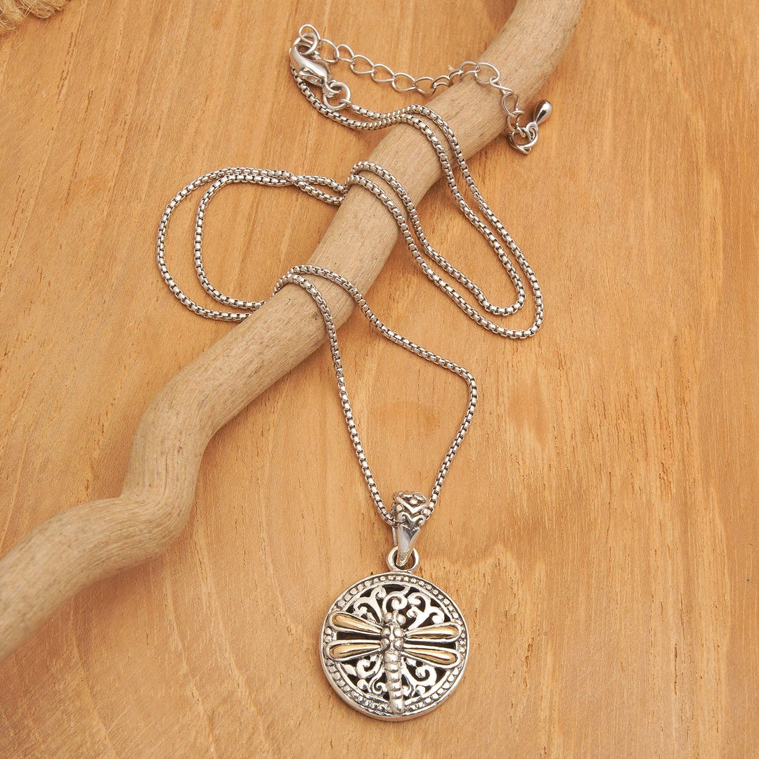 18k Gold-Accented Round Dragonfly Pendant Necklace from Bali - Dragonfly Eden