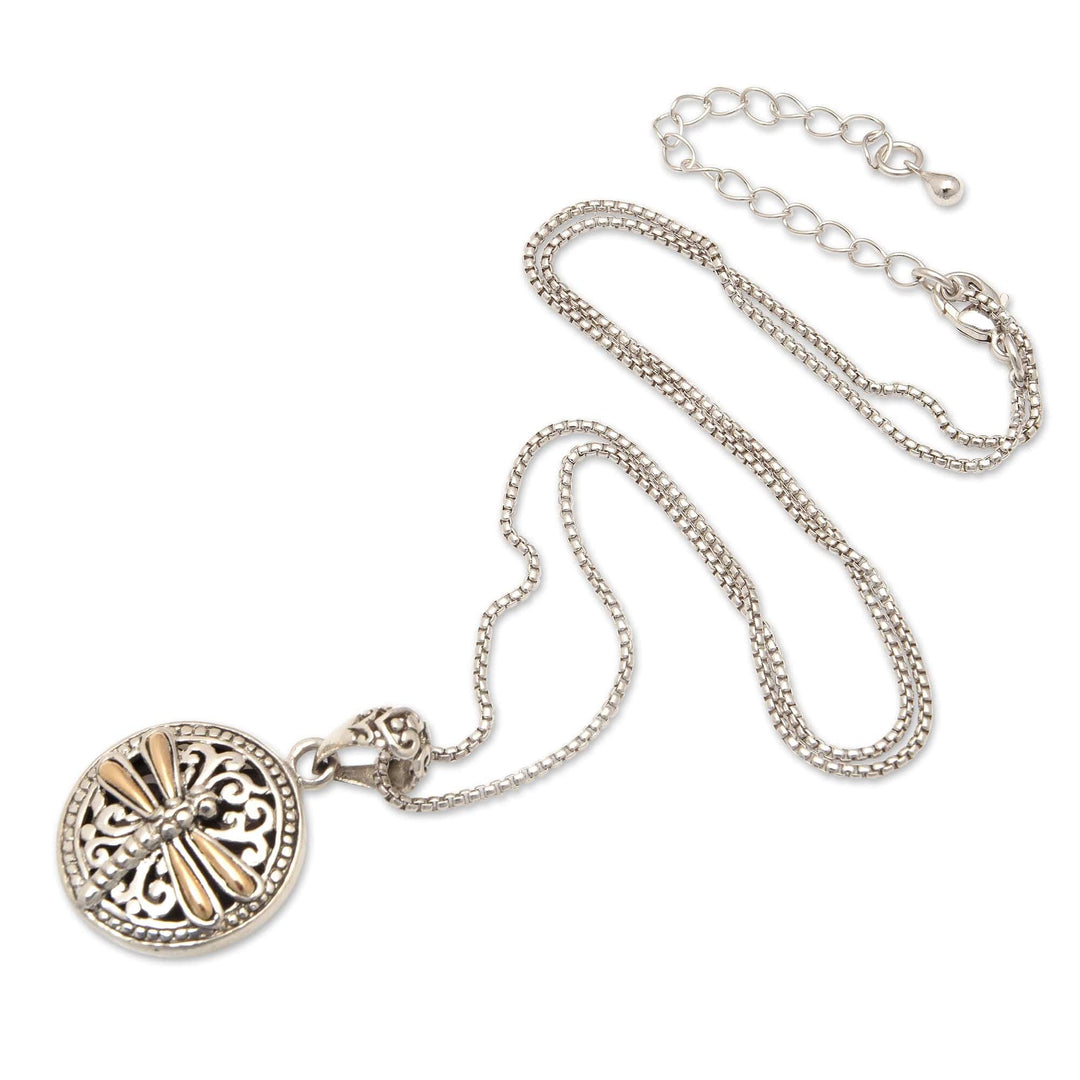 18k Gold-Accented Round Dragonfly Pendant Necklace from Bali - Dragonfly Eden