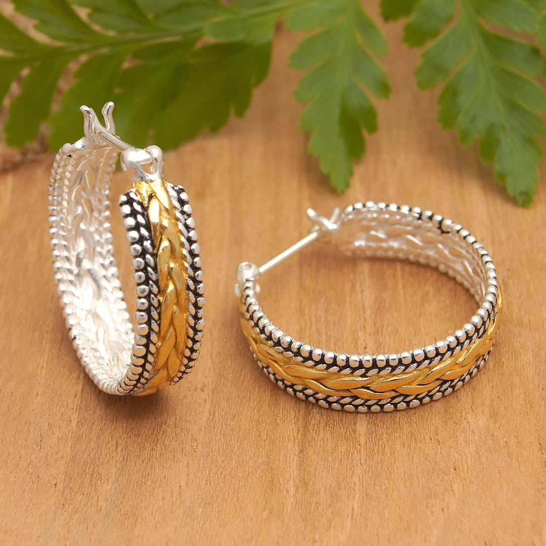 Sterling Silver Hoop Earrings with Gold-Plated Braid Accents - Sparkling Braids