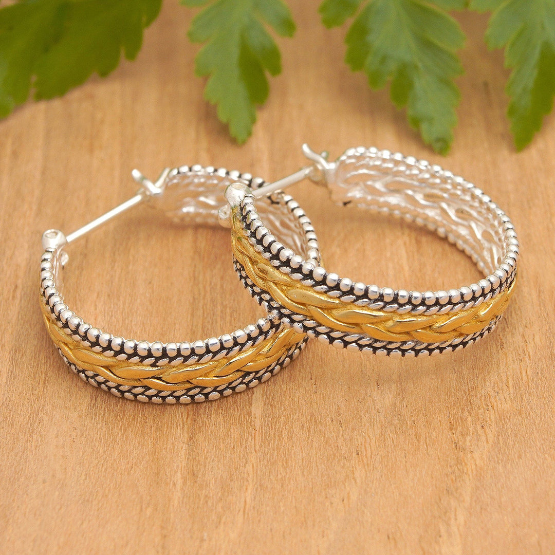 Sterling Silver Hoop Earrings with Gold-Plated Braid Accents - Sparkling Braids