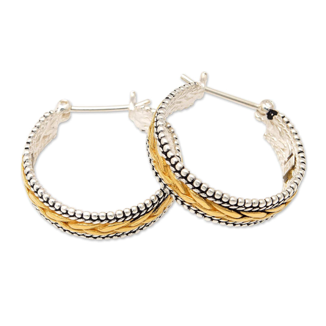 Sterling Silver Hoop Earrings with Gold-Plated Braid Accents - Sparkling Braids