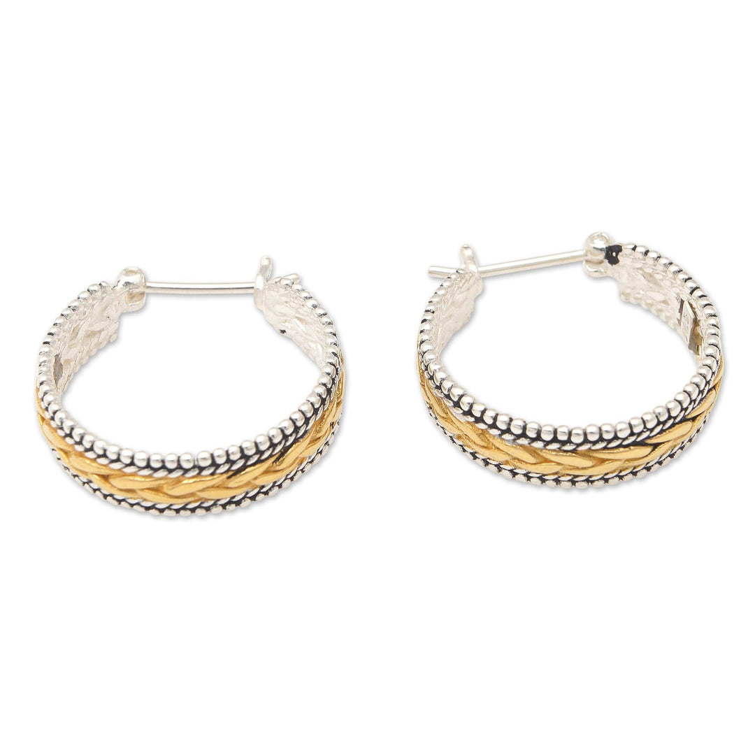 Sterling Silver Hoop Earrings with Gold-Plated Braid Accents - Sparkling Braids