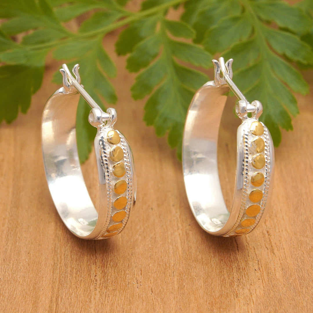 18k Gold-Accented Sterling Silver Hoop Earrings from Bali - Golden Bubbles
