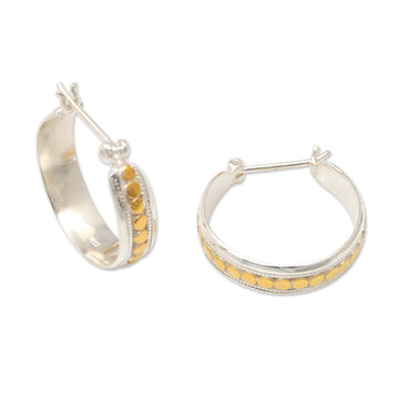 18k Gold-Accented Sterling Silver Hoop Earrings from Bali - Golden Bubbles