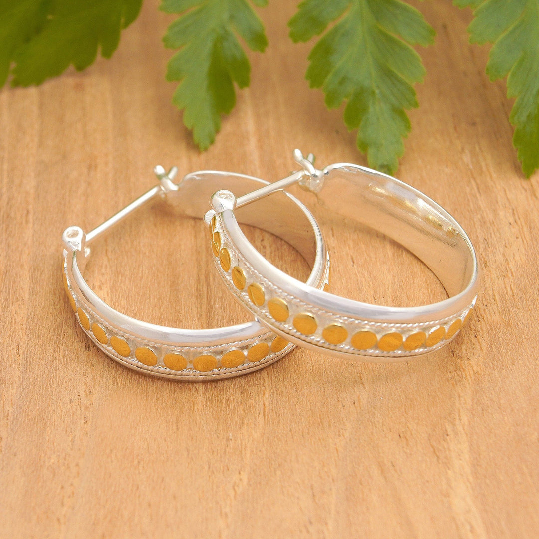18k Gold-Accented Sterling Silver Hoop Earrings from Bali - Golden Bubbles