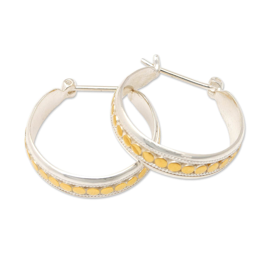 18k Gold-Accented Sterling Silver Hoop Earrings from Bali - Golden Bubbles