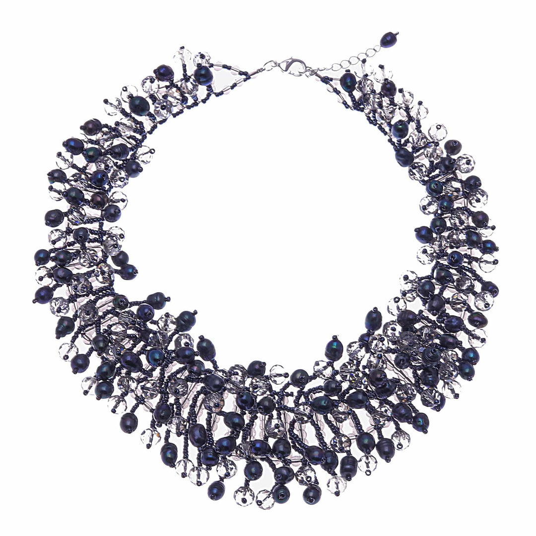 Clear Glass Beaded Waterfall Necklace with Black Pearls - Rain of Mystery