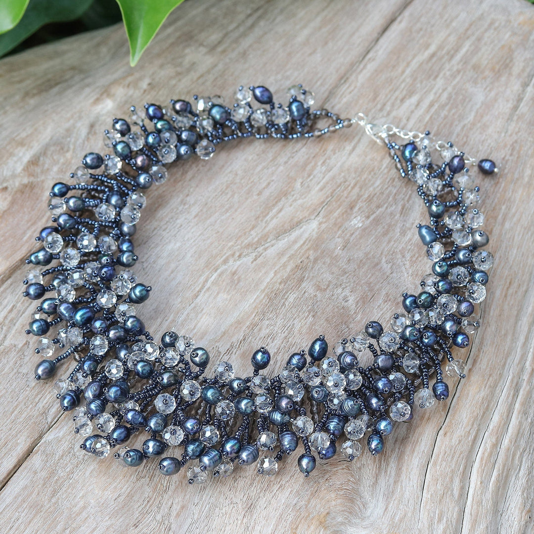 Clear Glass Beaded Waterfall Necklace with Black Pearls - Rain of Mystery