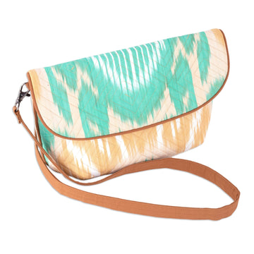 Ikat Cotton Sling Bag in Tan and Aqua with Removable Strap - Dreamy Vibes