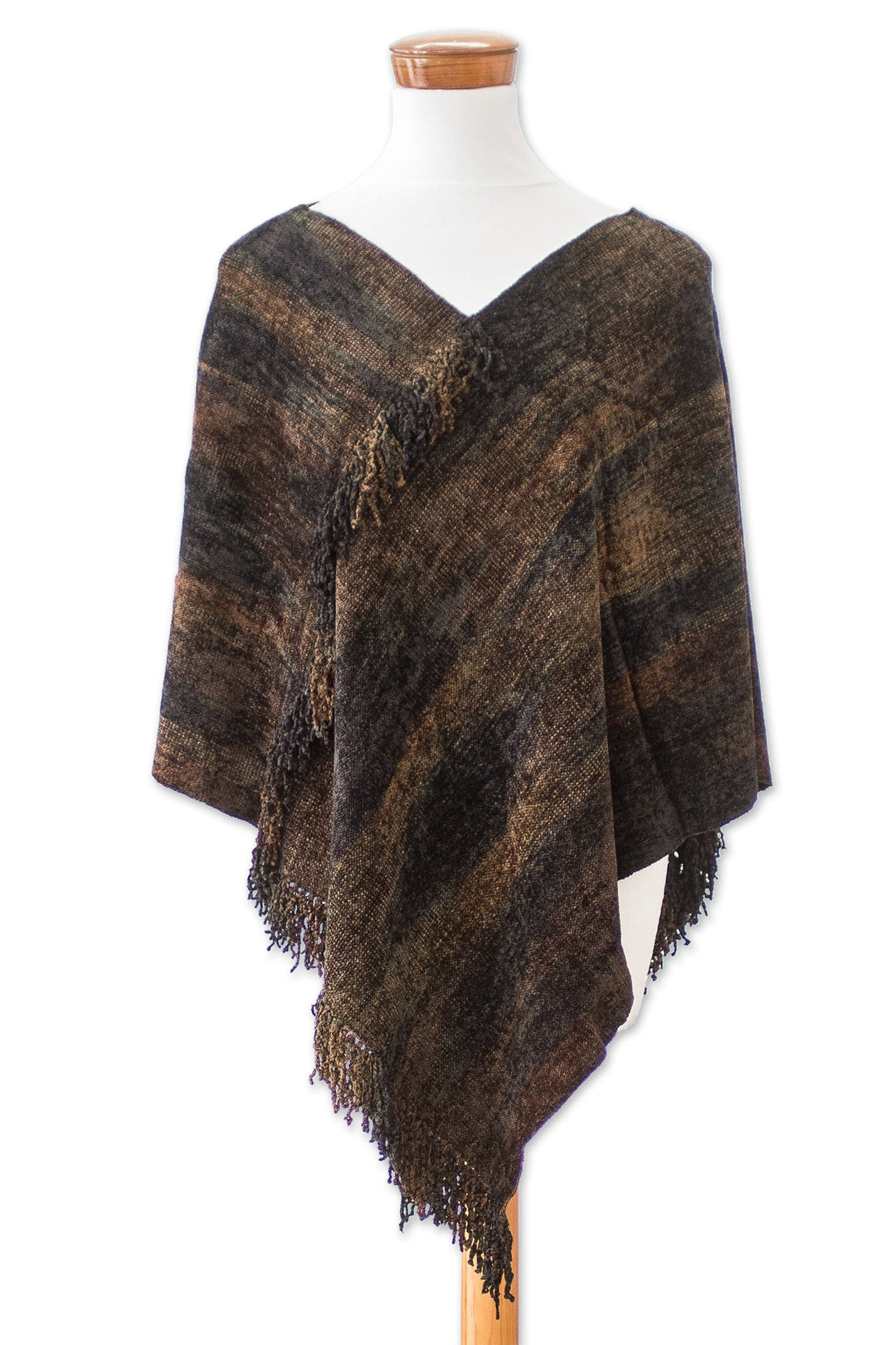Handwoven Cotton Blend Poncho in Brown and Green Hues - Our Earth