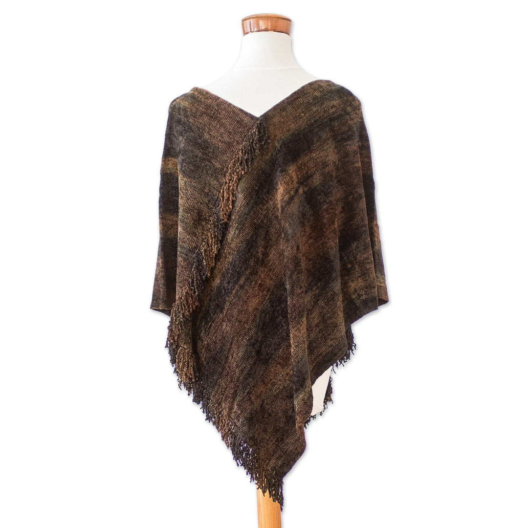 Handwoven Cotton Blend Poncho in Brown and Green Hues - Our Earth