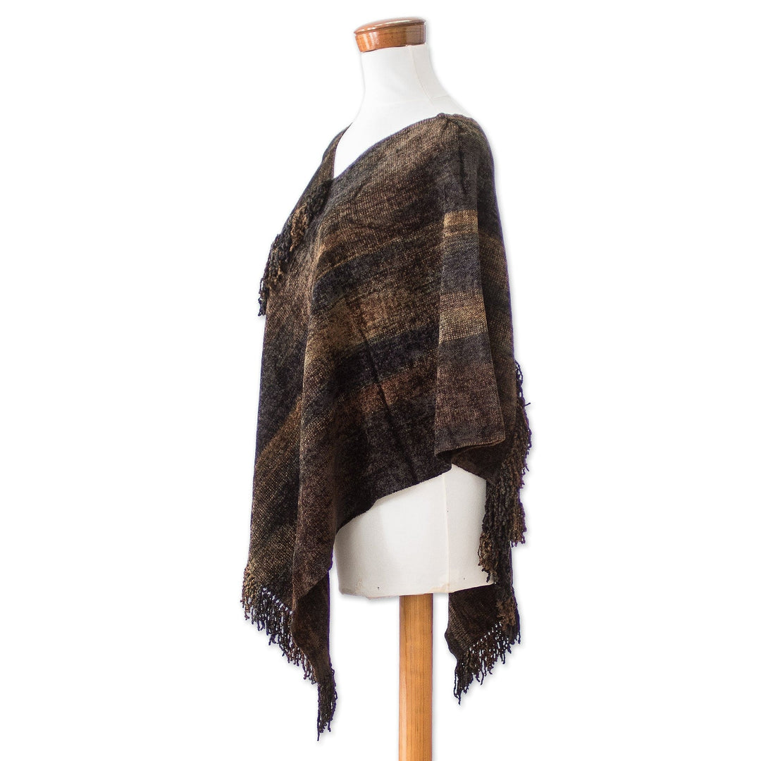Handwoven Cotton Blend Poncho in Brown and Green Hues - Our Earth