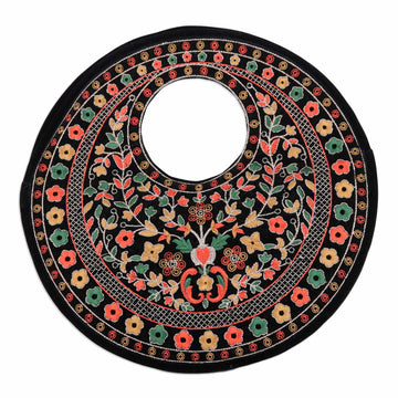 Floral Embroidered Black Faux Velvet Handbag in Vibrant Hues - Jaipur Eden