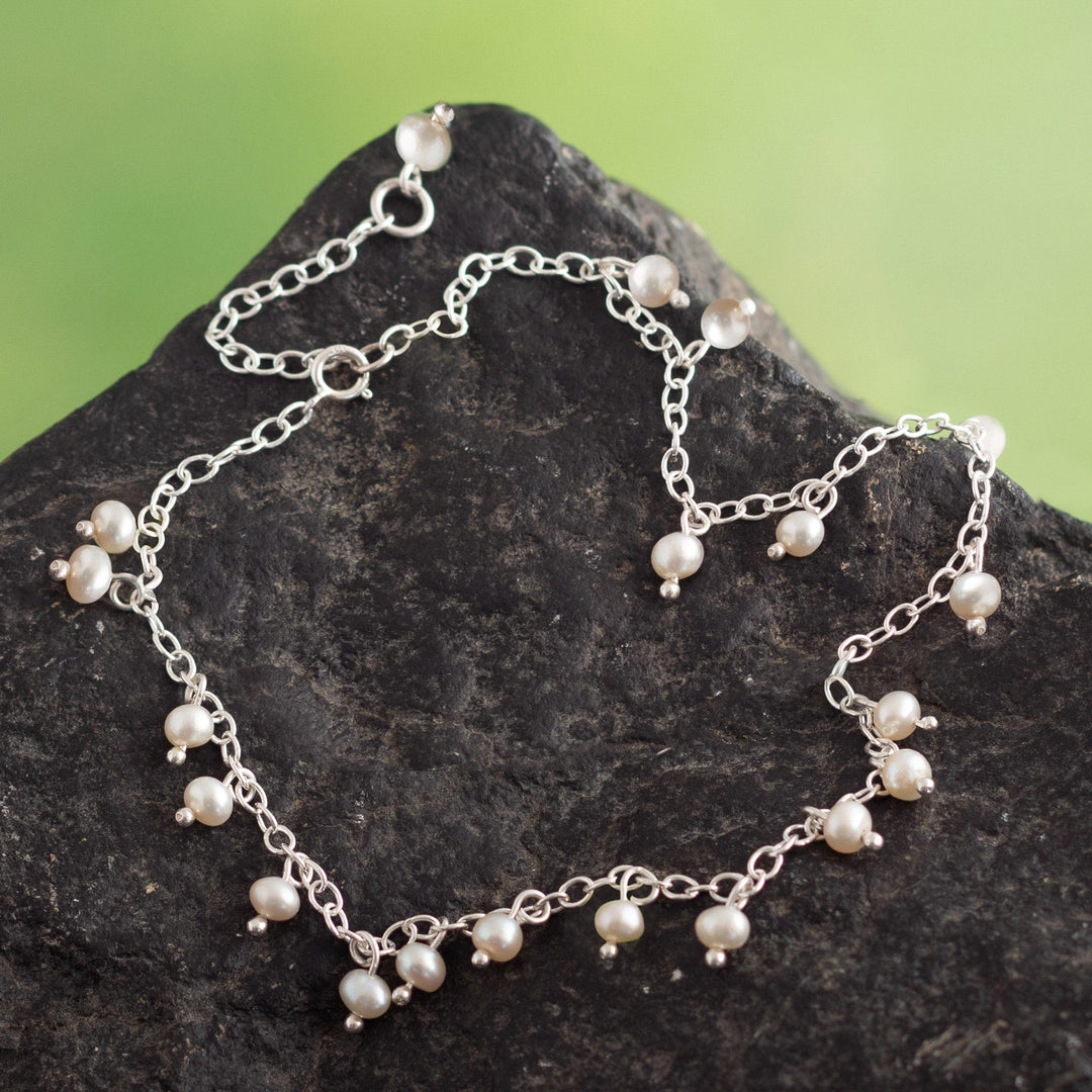 Sterling Silver Charm Anklet with Cream Cultured Pearls - Treasures of the Sea
