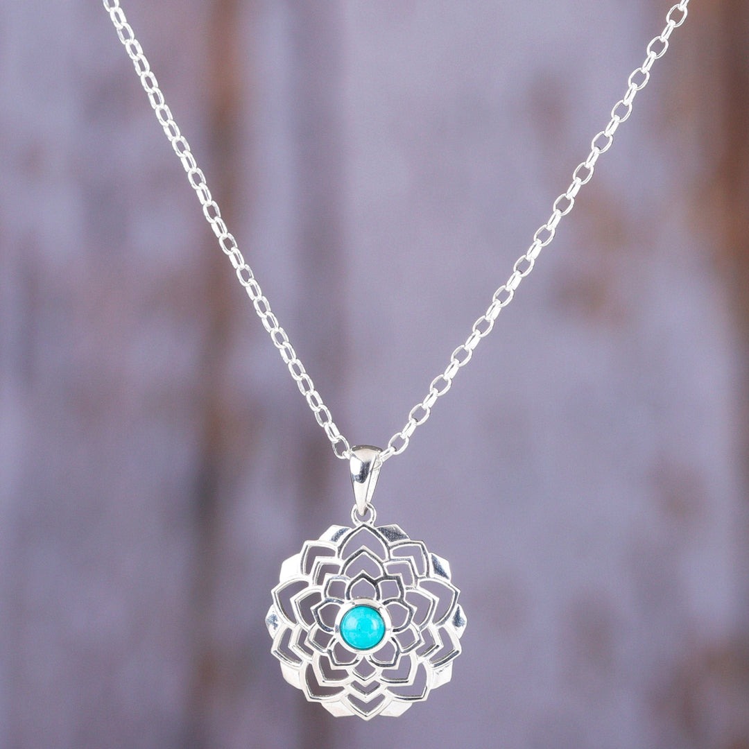 Sterling Silver Lotus Pendant Necklace with Recon Turquoise - Tranquil Lotus