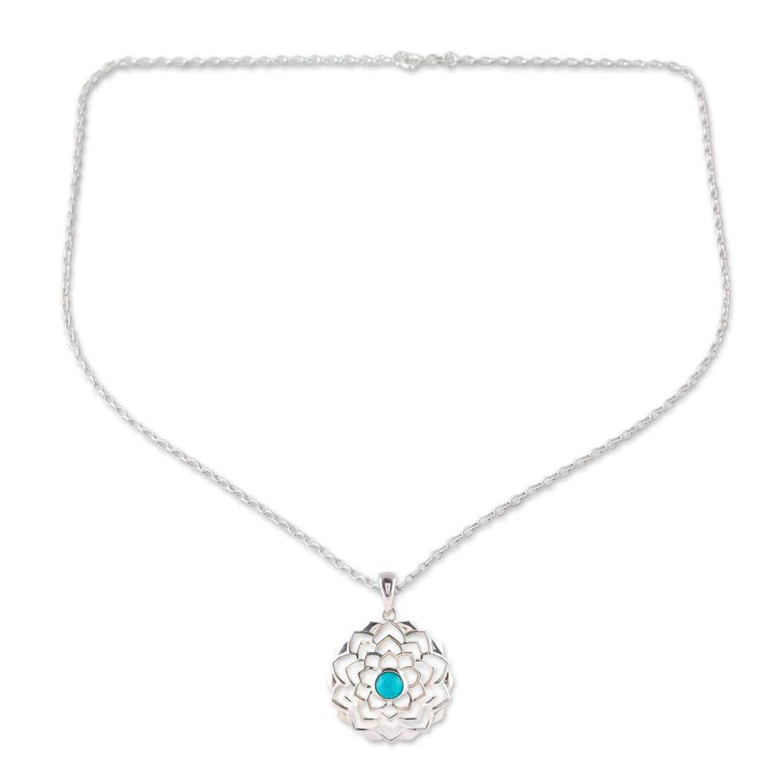 Sterling Silver Lotus Pendant Necklace with Recon Turquoise - Tranquil Lotus