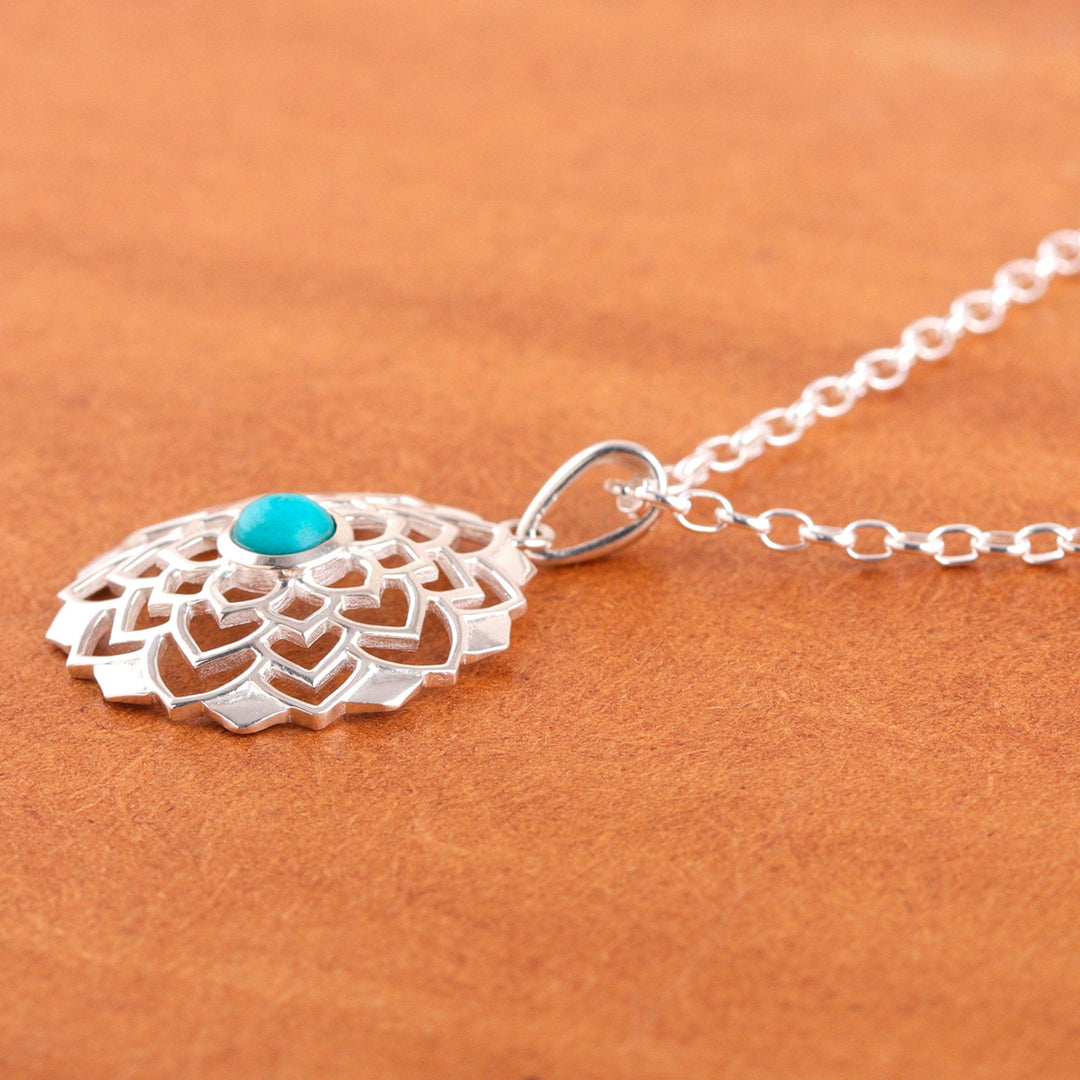Sterling Silver Lotus Pendant Necklace with Recon Turquoise - Tranquil Lotus