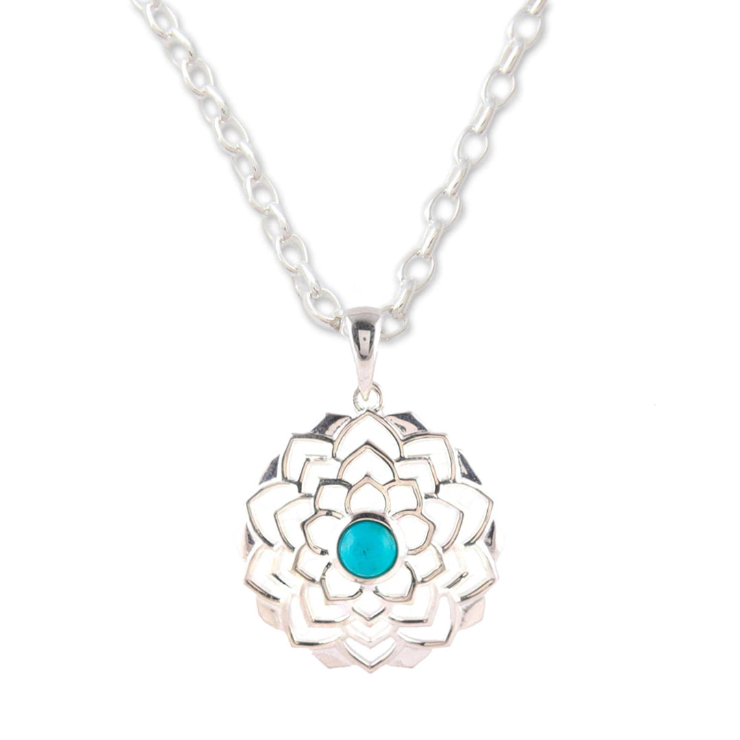 Sterling Silver Lotus Pendant Necklace with Recon Turquoise - Tranquil Lotus