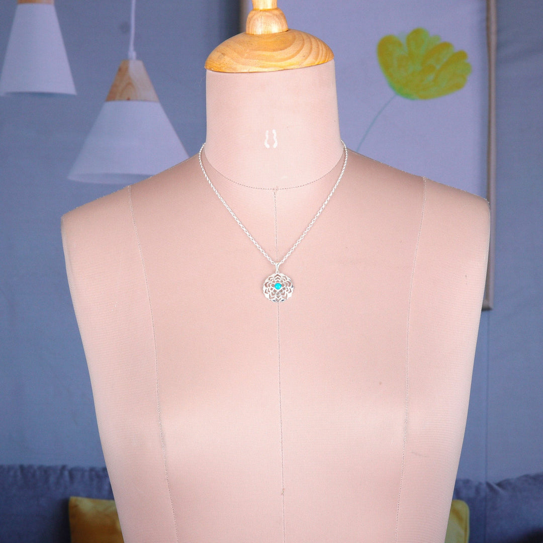 Sterling Silver Lotus Pendant Necklace with Recon Turquoise - Tranquil Lotus