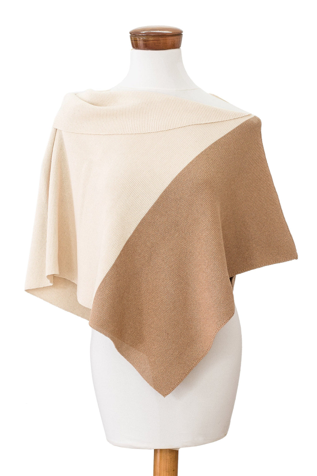Handcrafted Ivory & Tan Cotton Poncho with Fold-Over Collar - Antigua Sunrise