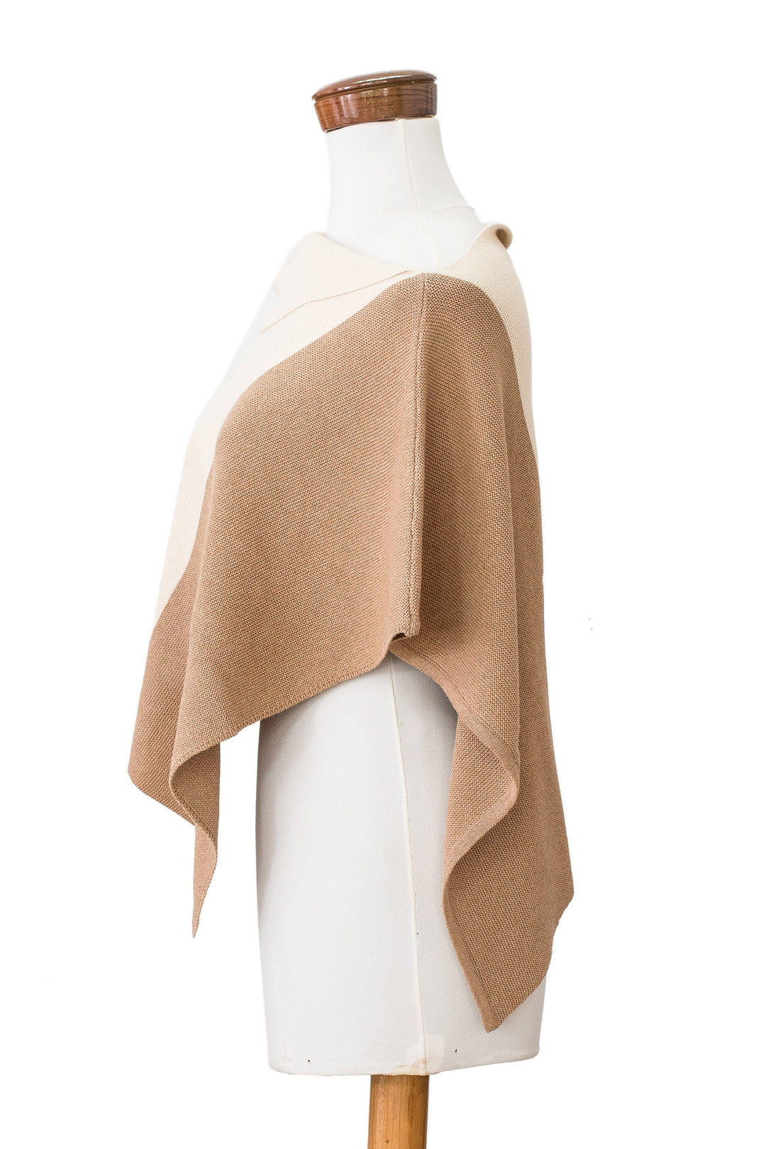 Handcrafted Ivory & Tan Cotton Poncho with Fold-Over Collar - Antigua Sunrise
