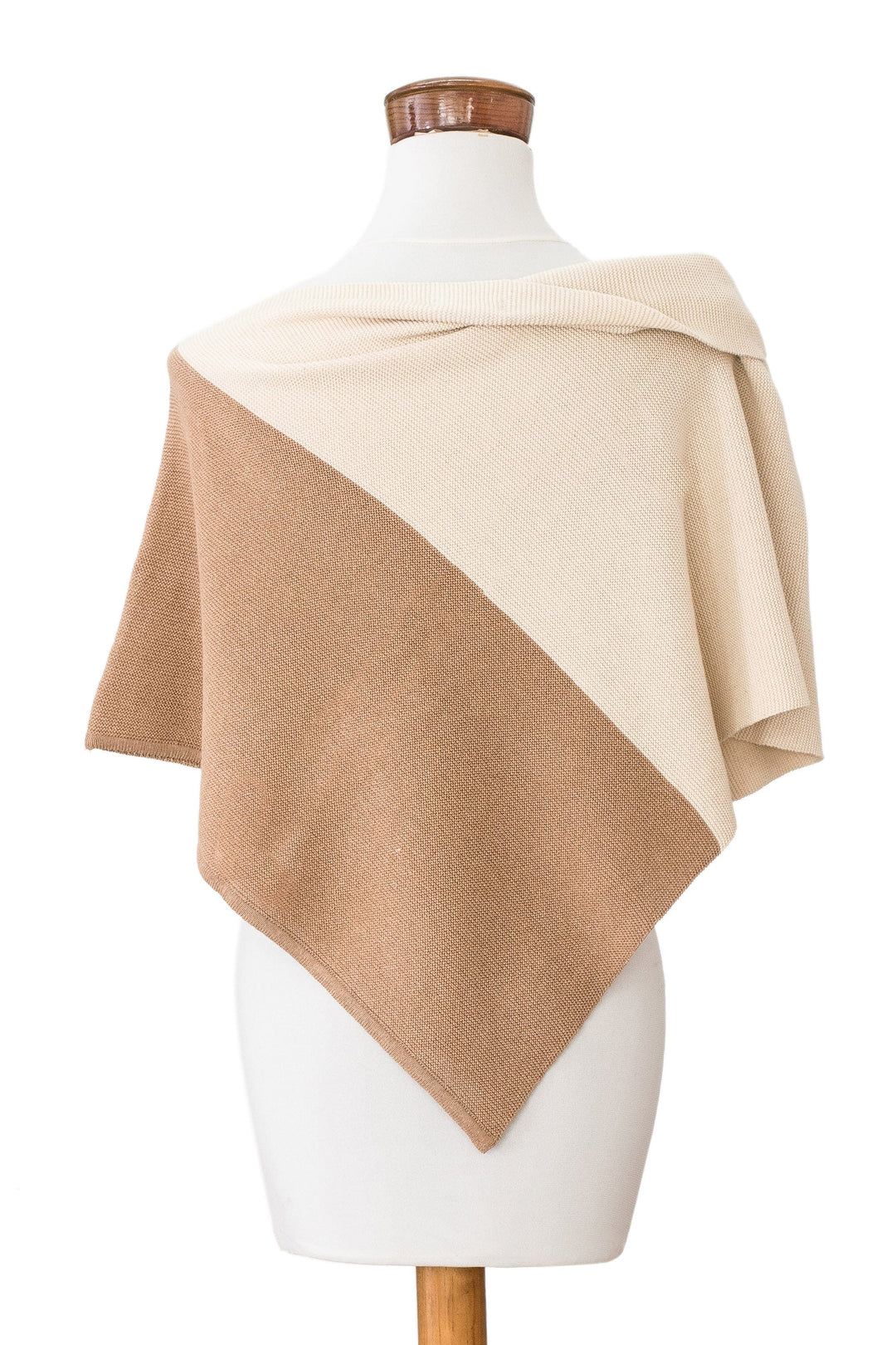 Handcrafted Ivory & Tan Cotton Poncho with Fold-Over Collar - Antigua Sunrise