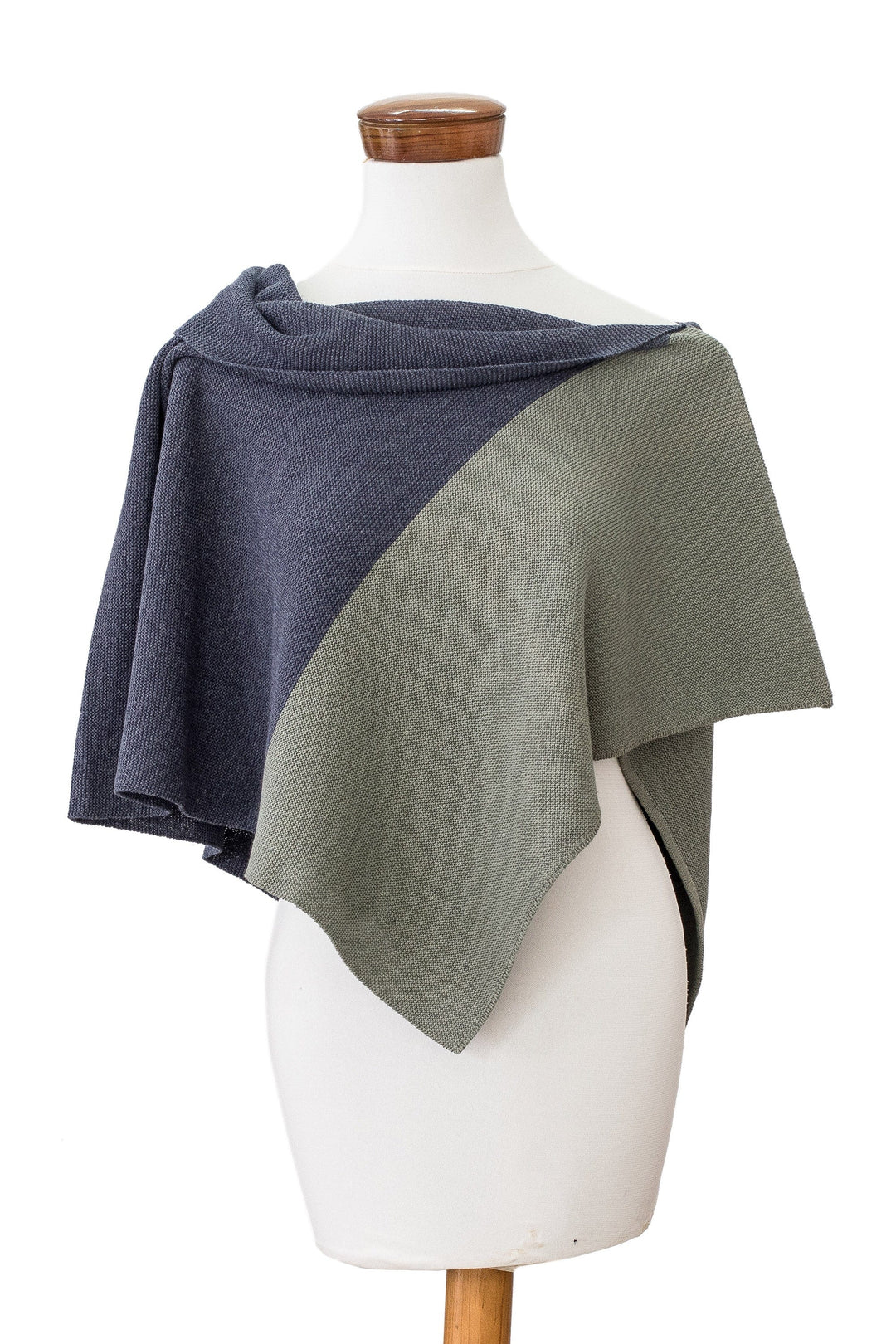 Handmade Indigo & Olive Cotton Poncho with Fold-Over Collar - Atitlán Sunrise