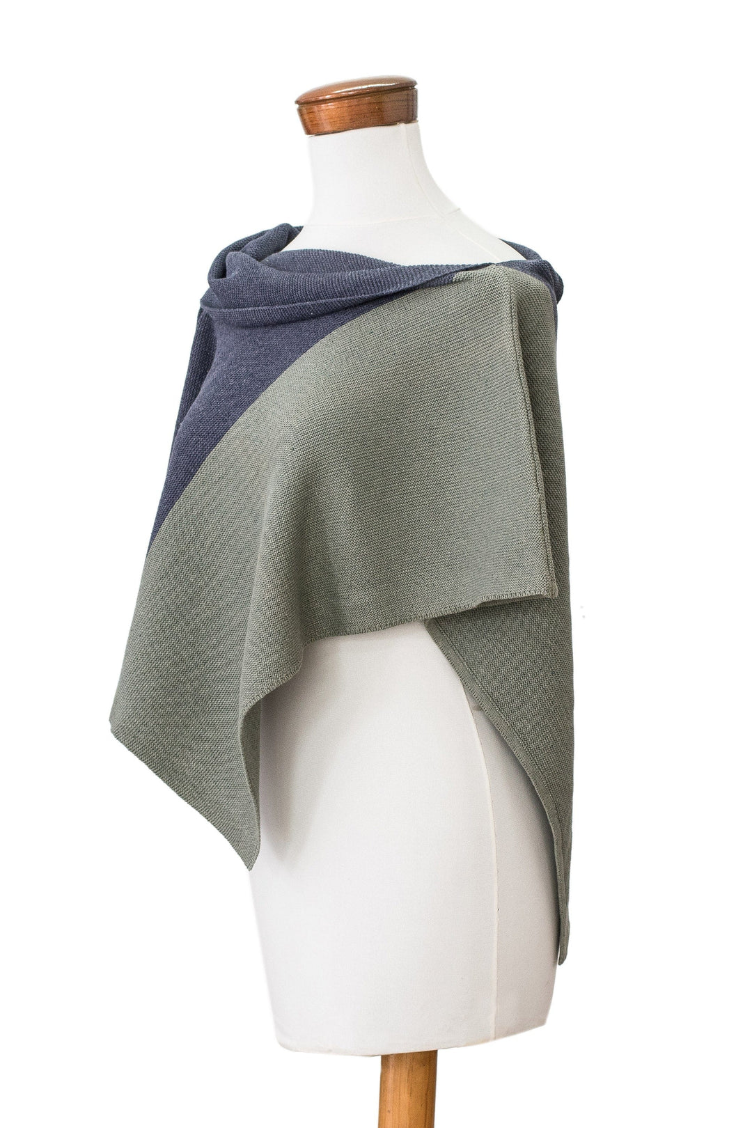 Handmade Indigo & Olive Cotton Poncho with Fold-Over Collar - Atitlán Sunrise