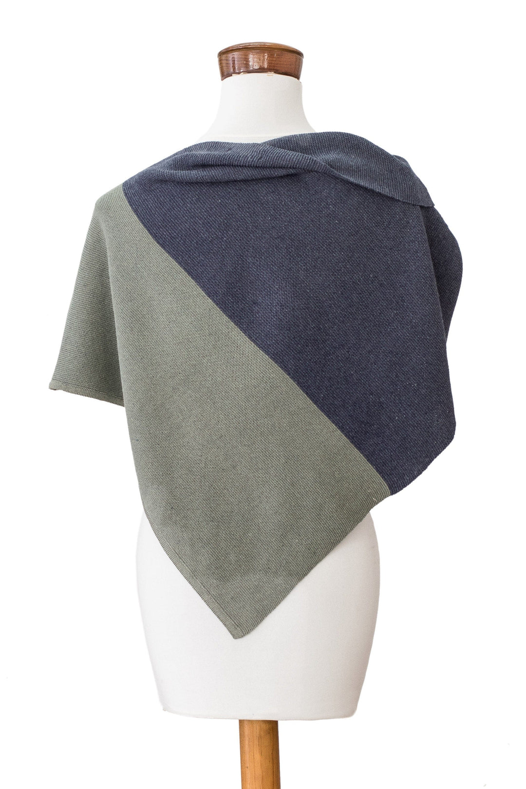 Handmade Indigo & Olive Cotton Poncho with Fold-Over Collar - Atitlán Sunrise
