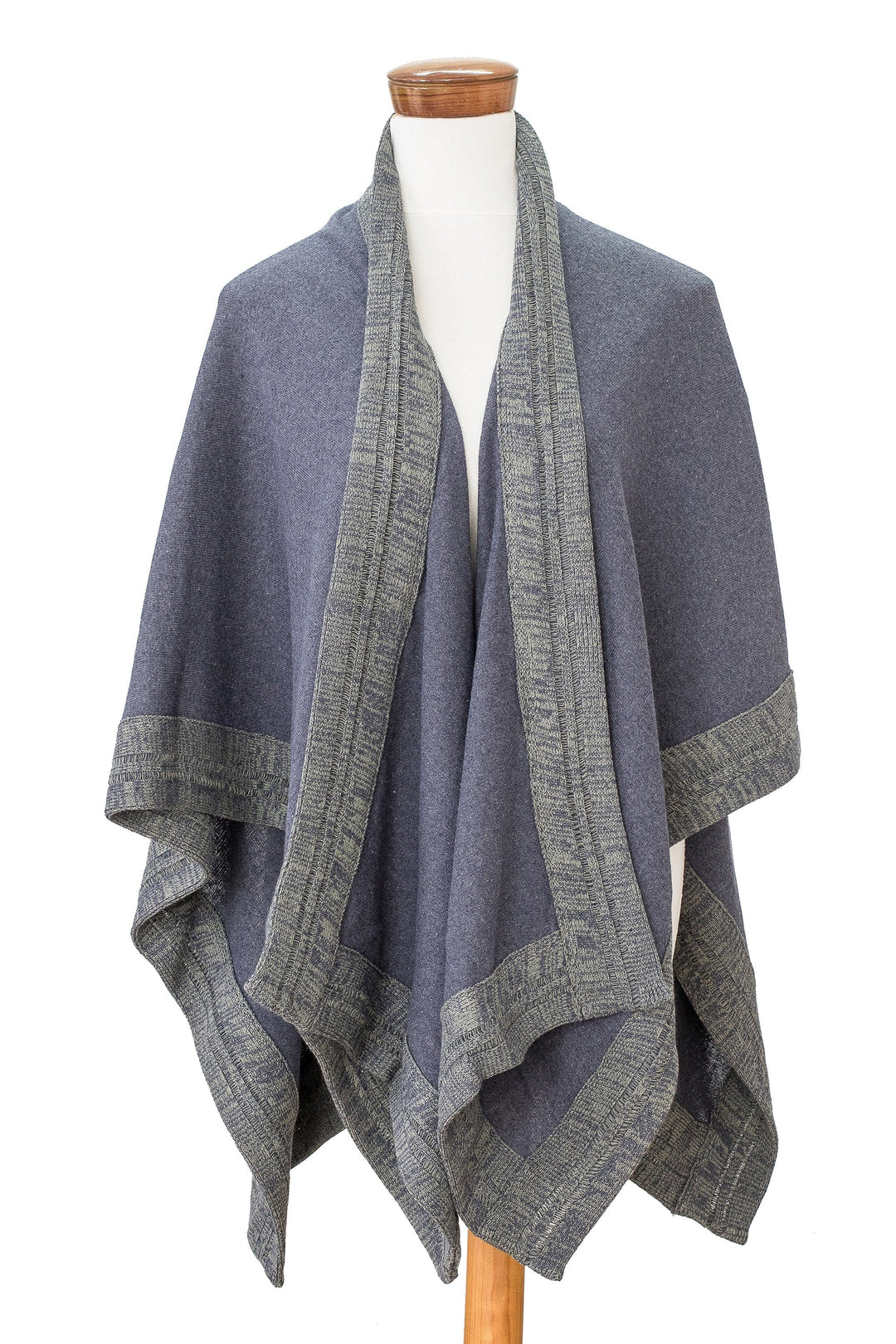Handloomed Bordered Indigo and Olive Cotton Ruana - Moonlight Valley