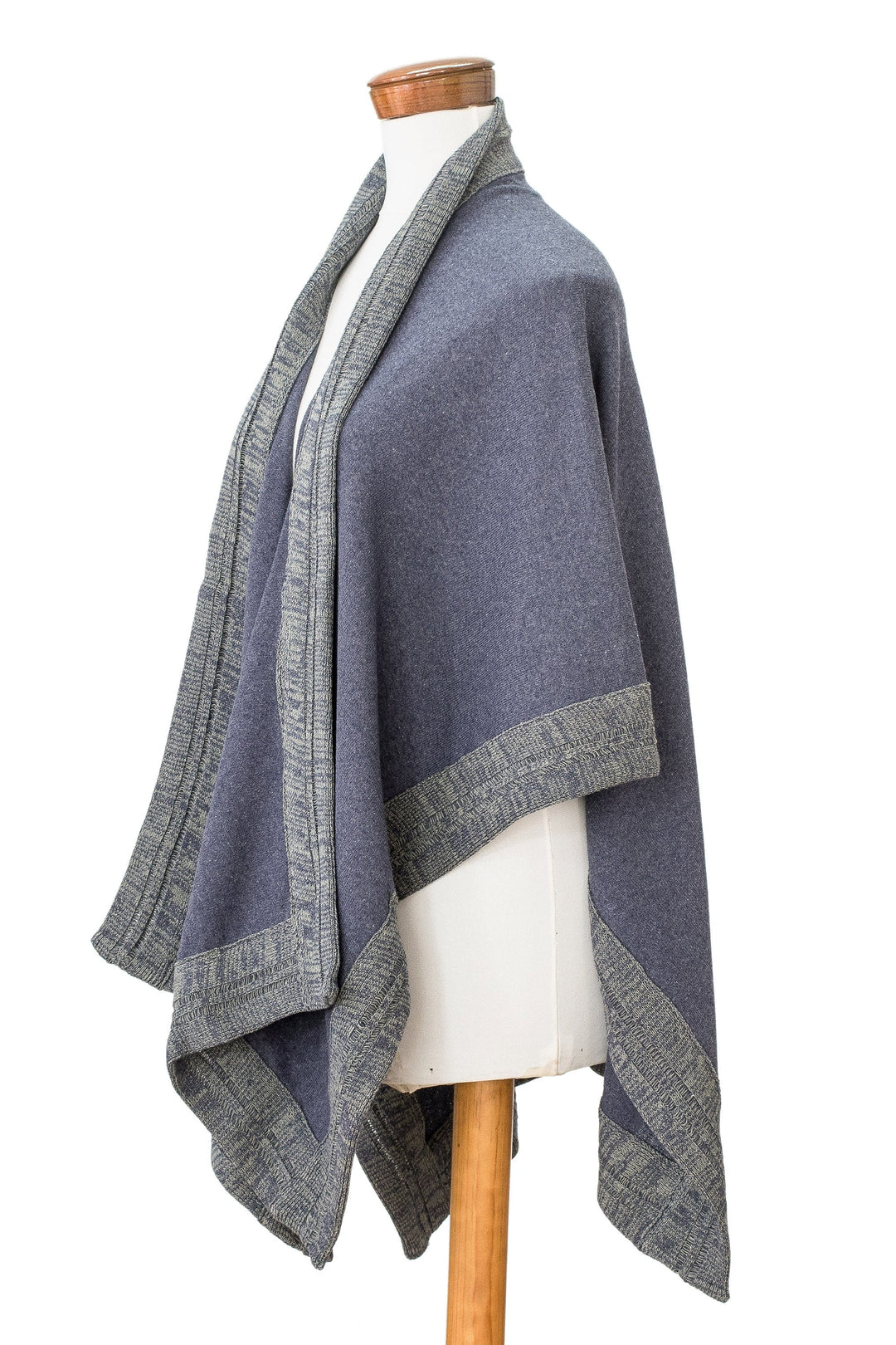 Handloomed Bordered Indigo and Olive Cotton Ruana - Moonlight Valley