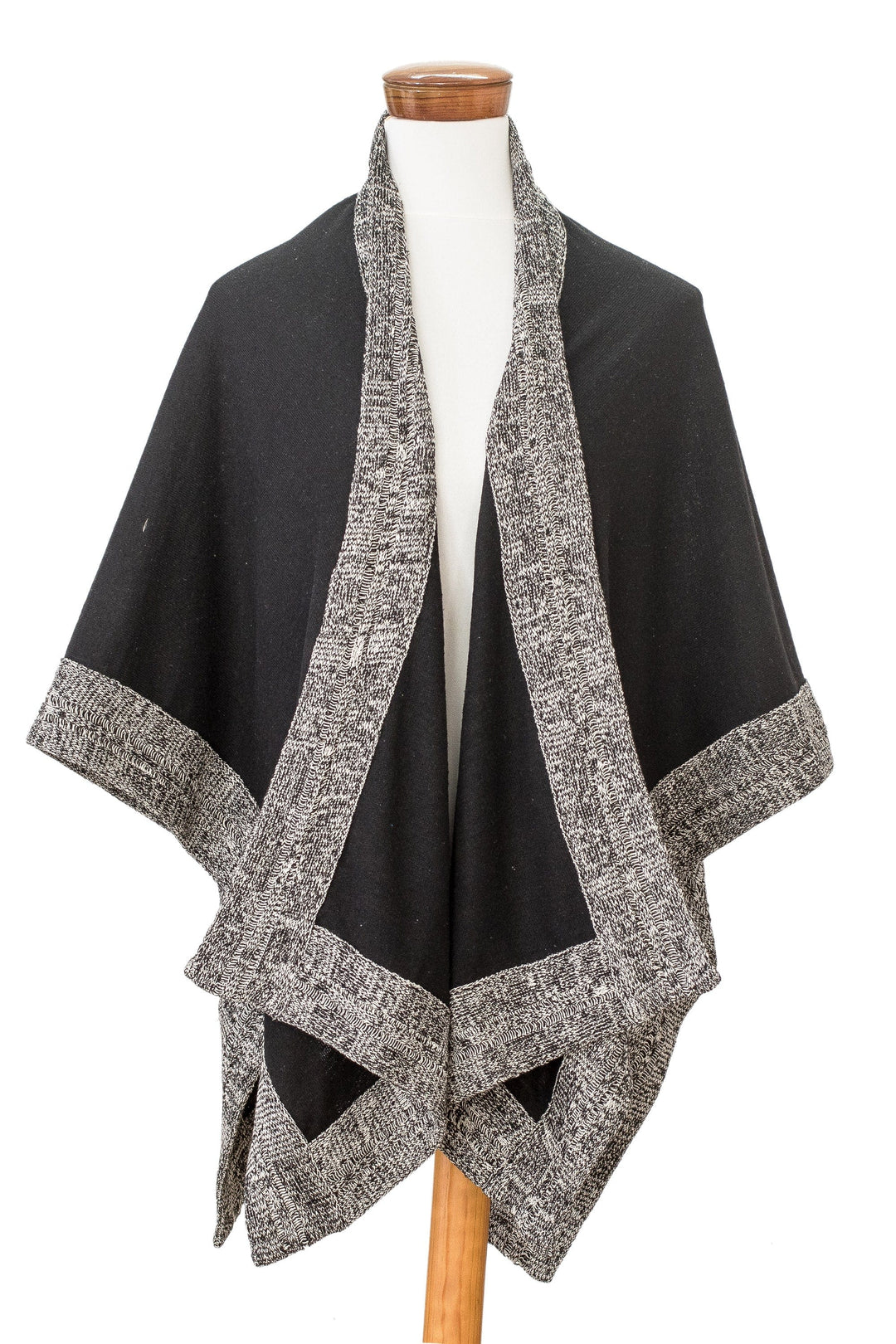 Handloomed Bordered Ivory and Onyx Cotton Ruana - Cosmic Valley