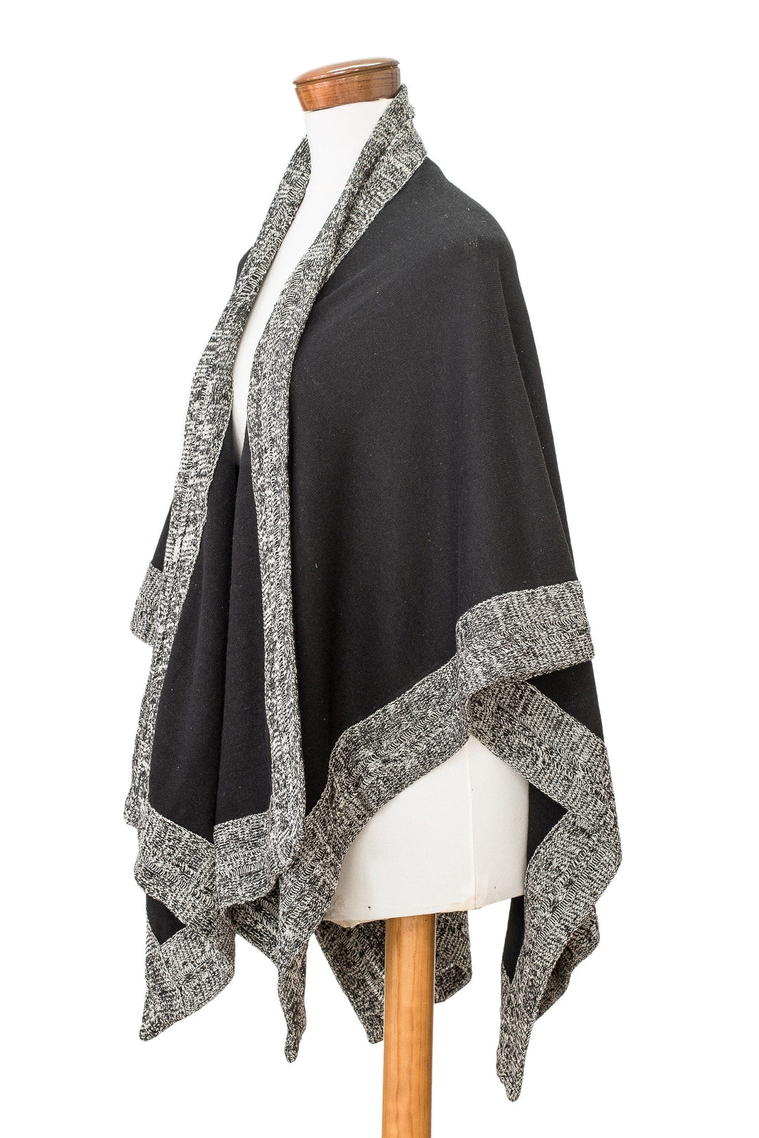 Handloomed Bordered Ivory and Onyx Cotton Ruana - Cosmic Valley