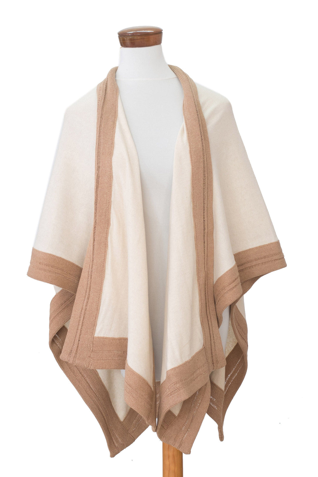 Handloomed Bordered Alabaster and Tan Cotton Ruana - Evening Valley