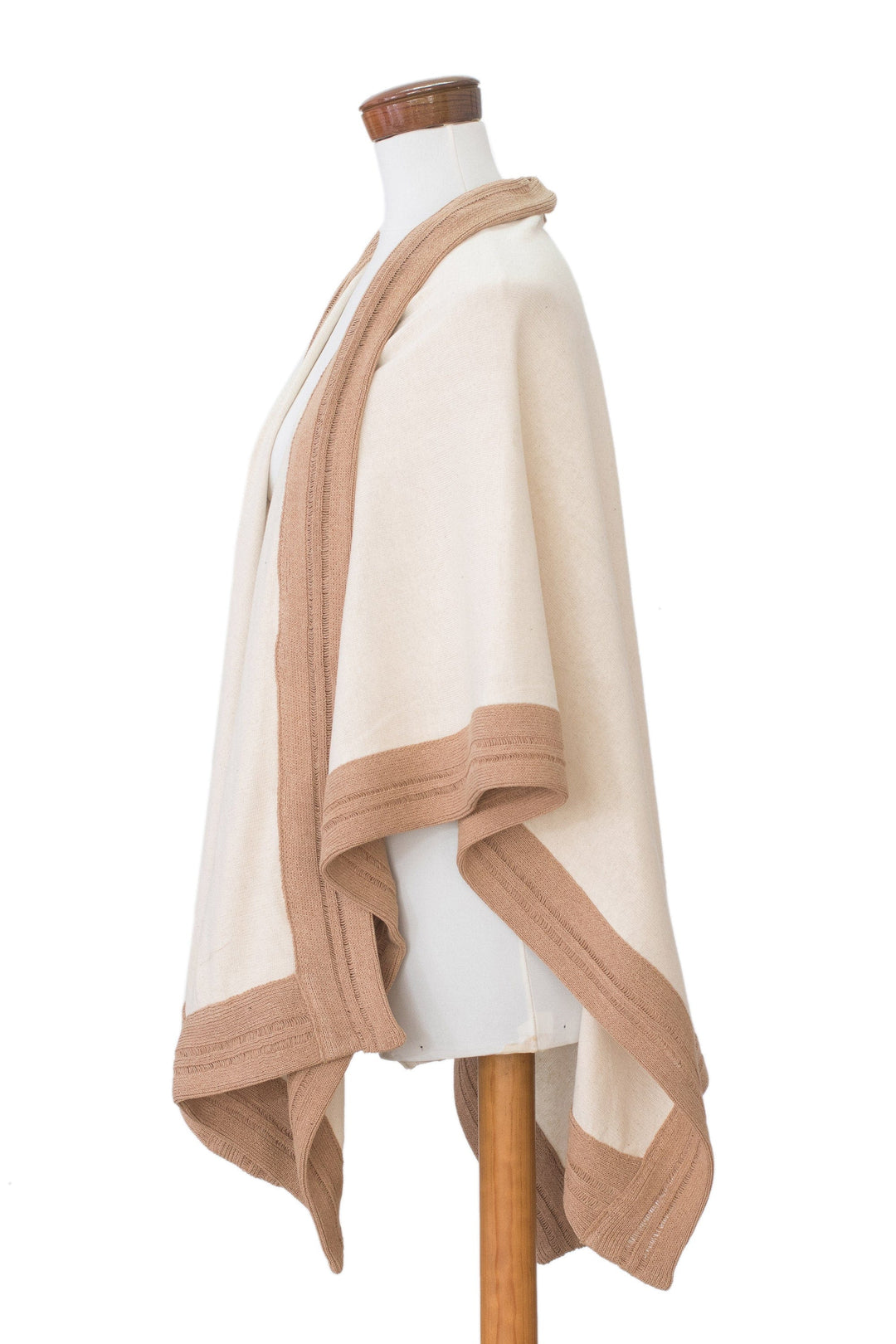 Handloomed Bordered Alabaster and Tan Cotton Ruana - Evening Valley