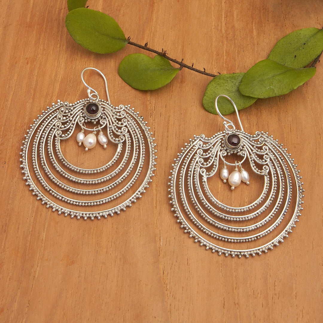 Dangle Earrings with Silver-White Pearls and Natural Garnet - Fancy Passion