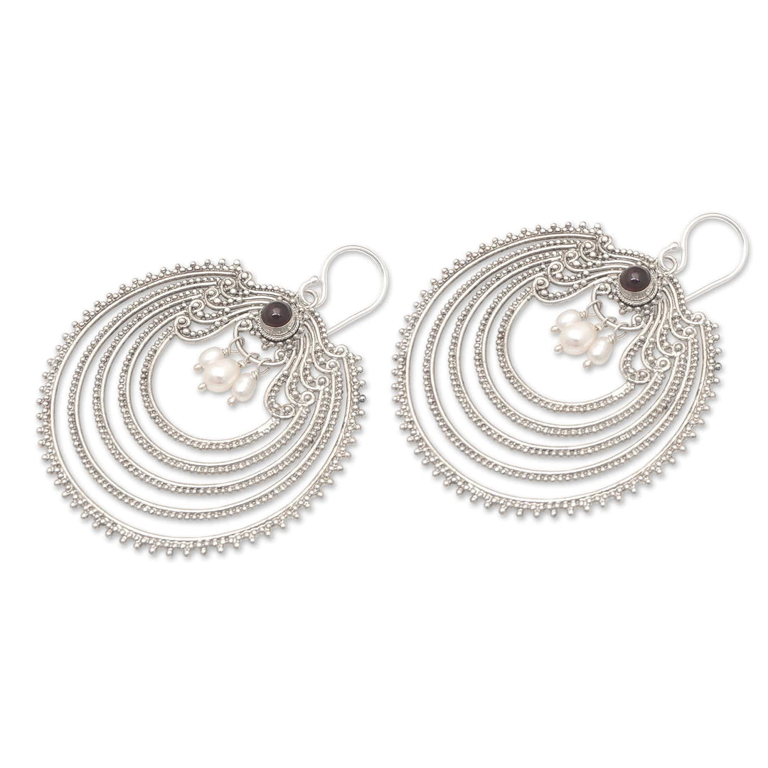 Dangle Earrings with Silver-White Pearls and Natural Garnet - Fancy Passion