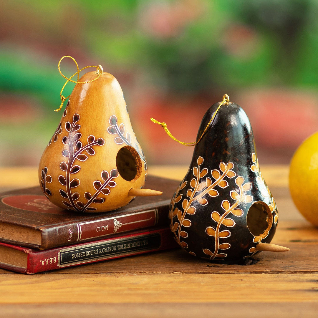 Set of 2 Leafy Painted Brown and Black Dried Gourd Ornaments - Natural Homes