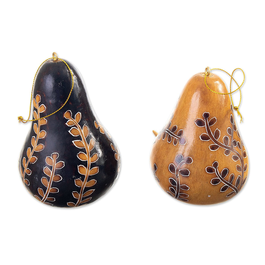 Set of 2 Leafy Painted Brown and Black Dried Gourd Ornaments - Natural Homes