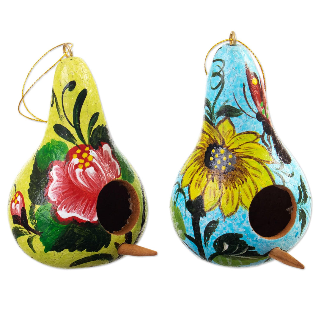 Set of Two Floral Blue and Yellow Dried Gourd Ornaments - Floral Homes