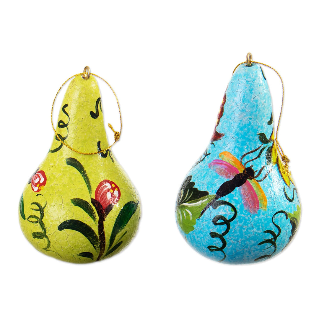 Set of Two Floral Blue and Yellow Dried Gourd Ornaments - Floral Homes