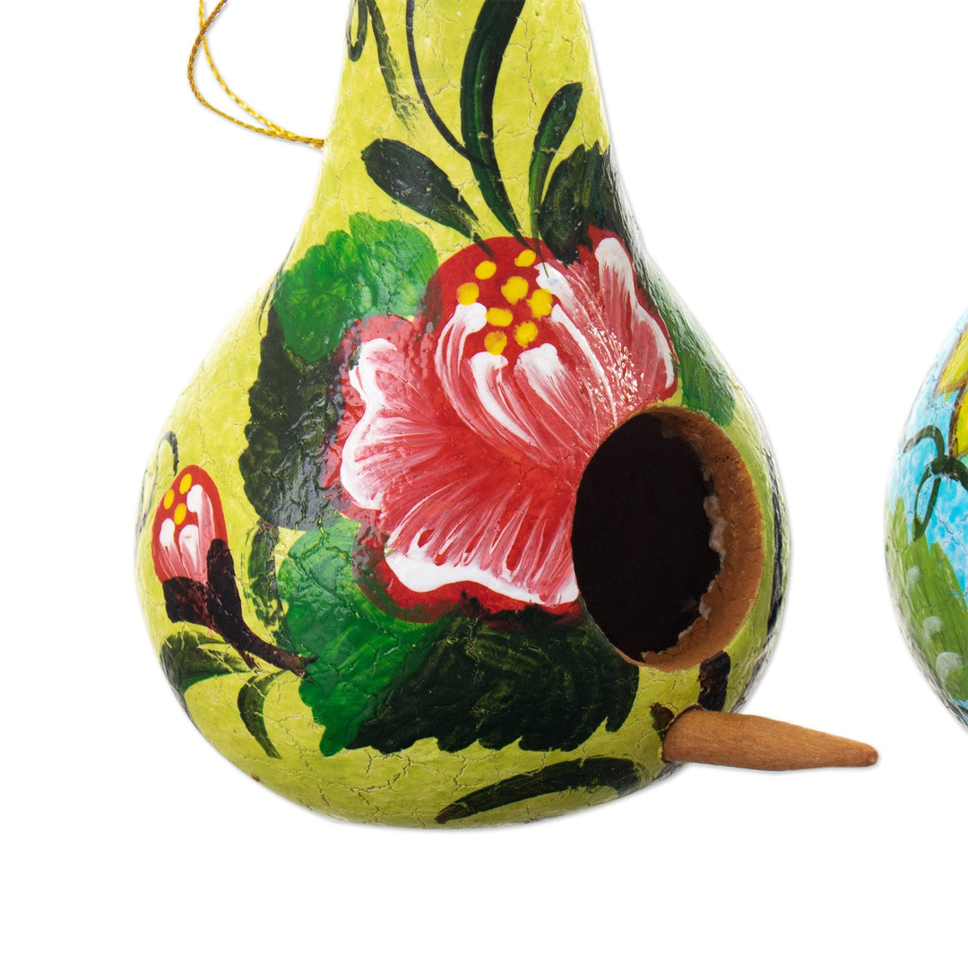 Set of Two Floral Blue and Yellow Dried Gourd Ornaments - Floral Homes