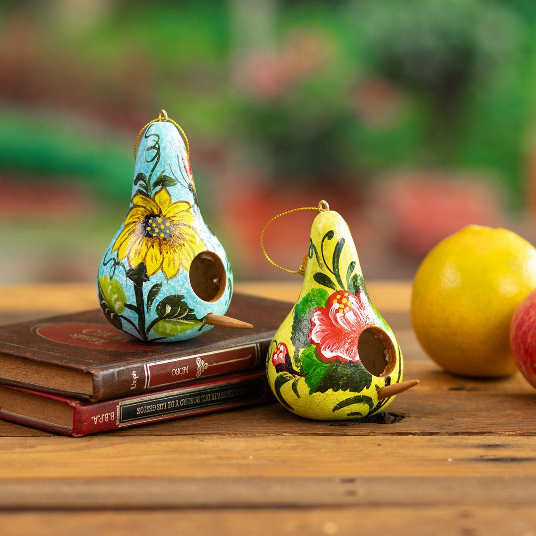 Set of Two Floral Blue and Yellow Dried Gourd Ornaments - Floral Homes
