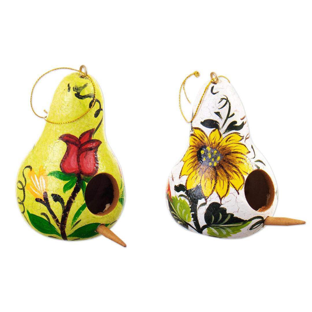 Set of Two Floral White and Yellow Dried Gourd Ornaments - Sunshine Homes