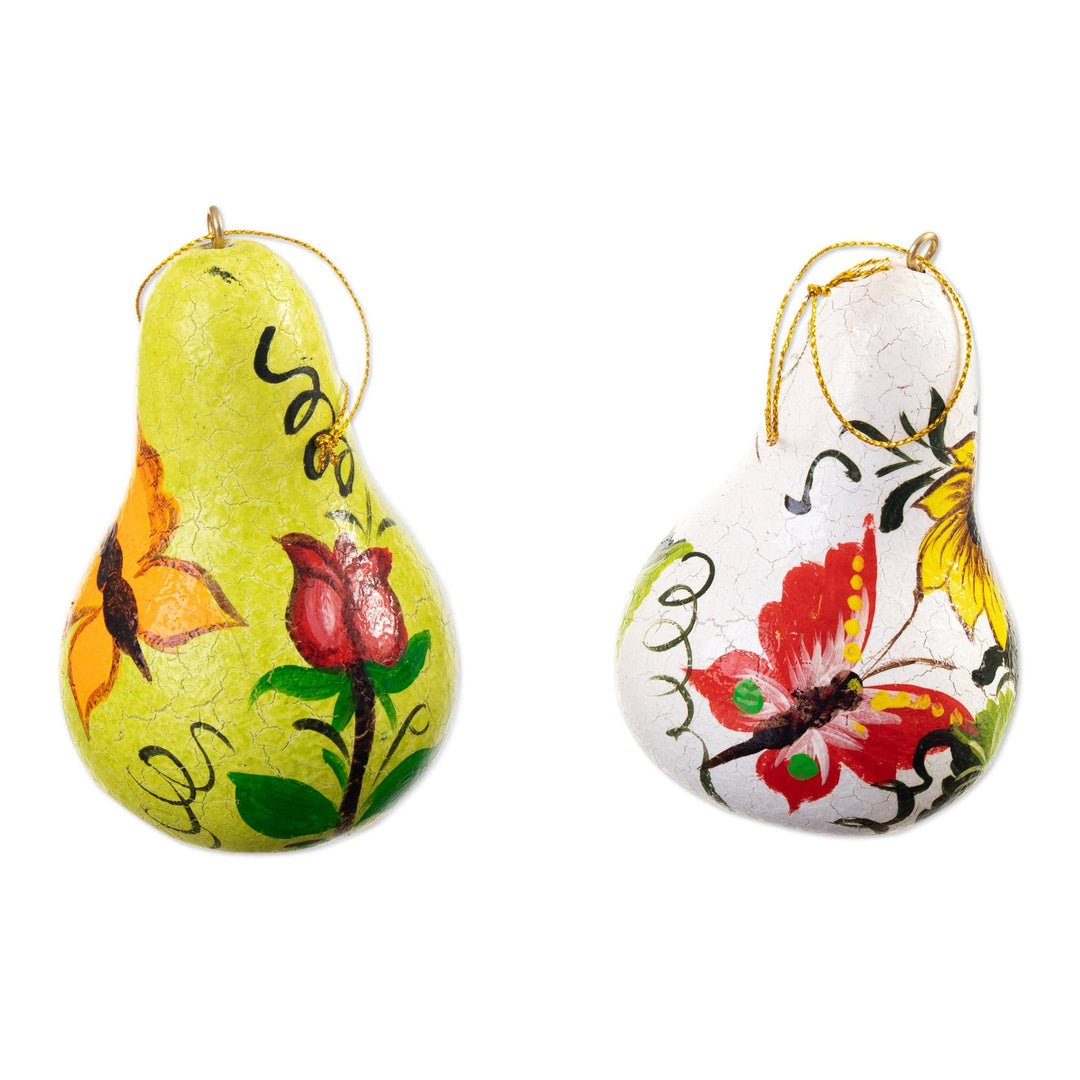 Set of Two Floral White and Yellow Dried Gourd Ornaments - Sunshine Homes