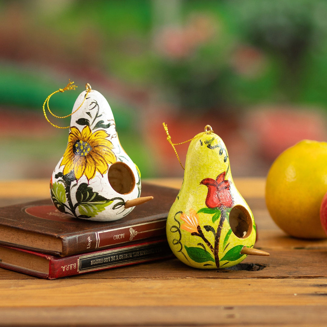 Set of Two Floral White and Yellow Dried Gourd Ornaments - Sunshine Homes