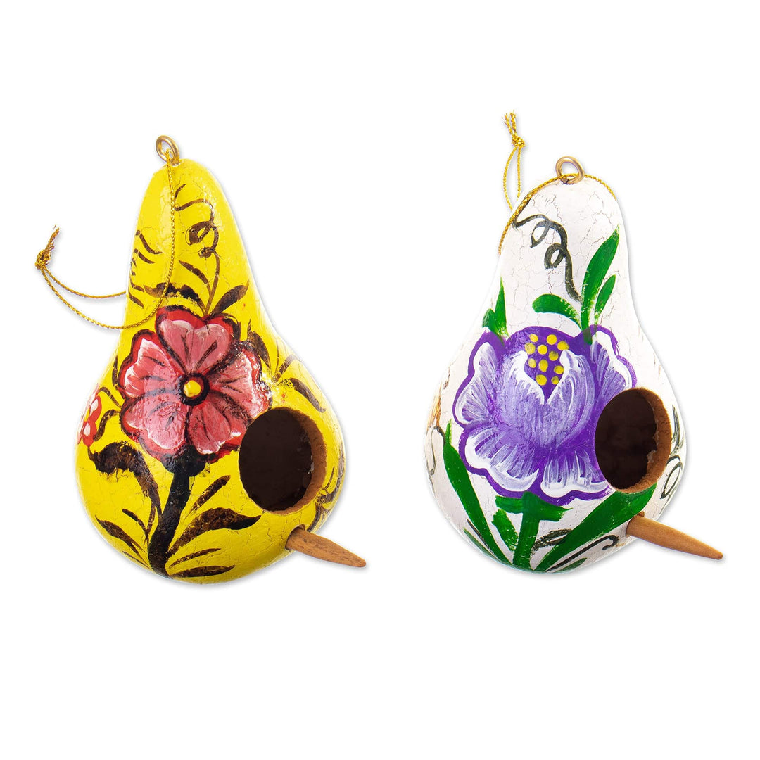 Set of Two Painted White and Yellow Dried Gourd Ornaments - Thriving Homes