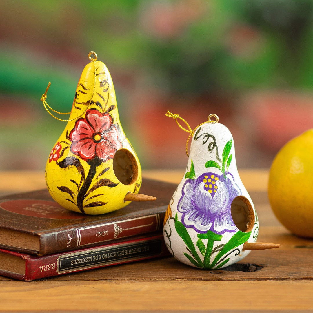 Set of Two Painted White and Yellow Dried Gourd Ornaments - Thriving Homes