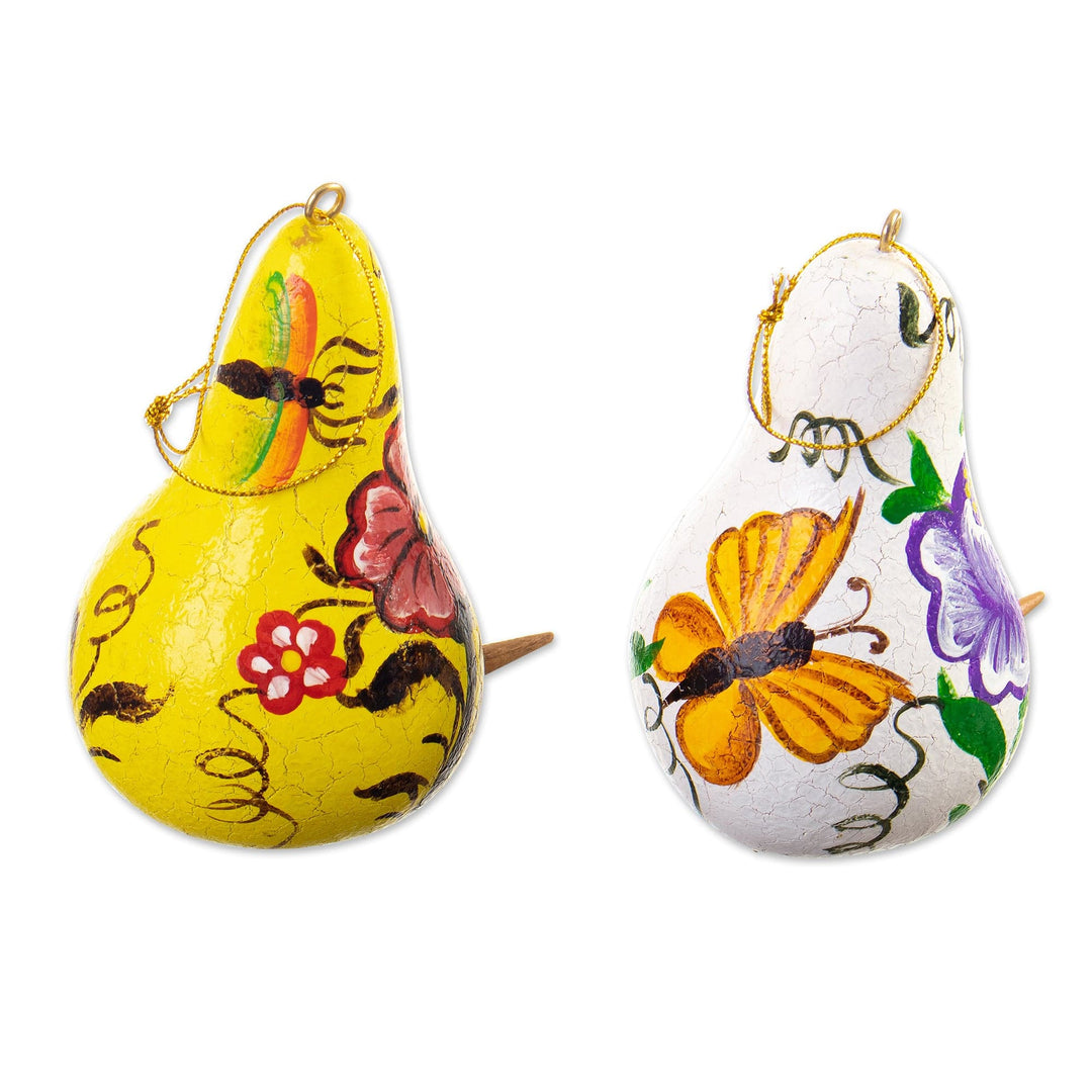 Set of Two Painted White and Yellow Dried Gourd Ornaments - Thriving Homes