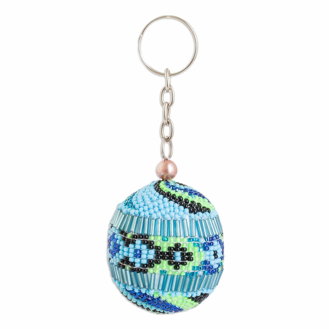 Handmade Beaded Keychain and Bag Charm in Blue Green & Black - Blue Sphere